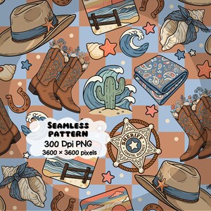 Motivo senza cuciture Cowgirl Coastal PNG 12x12 Carta digitale Western Beach Motivo Coastal Cowgirl Motivo per scrapbooking Tessuto