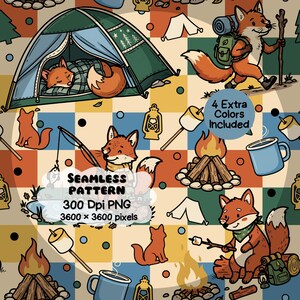May include: Seamless pattern featuring cartoon foxes camping. The design includes tents, campfires, lanterns, and marshmallows. The text "SEAMLESS PATTERN" and "4 Extra Colors Included" are also visible. The pattern is set against a colorful checkered background.