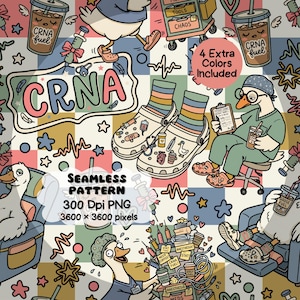 Pode incluir: Padrão sem costura com gansos de desenho animado em trajes médicos, Crocs, xícaras de café e seringas. O design inclui o texto "CRNA" e "Goose Fuel", com "4 cores extras incluídas". O padrão tem 3600 x 3600 pixels.