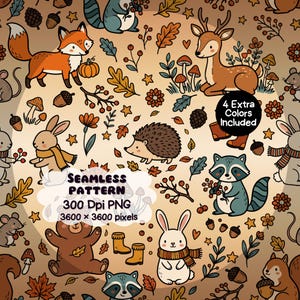 Puede incluir: Un patrón continuo con animales del bosque ilustrados, incluyendo un zorro, ciervo, erizo, mapache, oso y conejos, entre hojas de otoño, bellotas, setas y flores. Texto: SEAMLESS PATTERN 300 Dpi PNG 3600 x 3600 pixels, 4 Extra Colors Included.