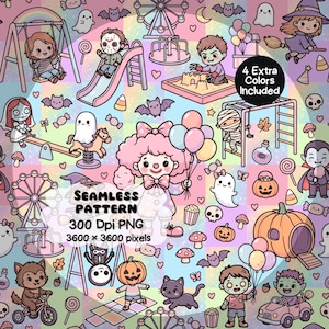 Peut inclure: Un motif répétitif avec des personnages d'Halloween et des jeux de parc aux tons pastel. Texte inclus : SEAMLESS PATTERN 300 Dpi PNG 3600 x 3600 pixels et 4 Extra Colors Included. Illustre des fantômes, chauves-souris et citrouilles.