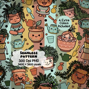 May include: Seamless pattern featuring cartoon illustrations of smiling potted plants, watering cans, and gardening tools in a repeating design. The text "Seamless Pattern" and "300 DPI PNG" are included.