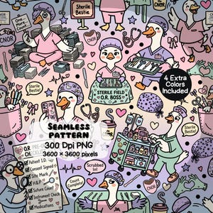 May include: A seamless pattern featuring cartoon geese dressed as medical staff in scrubs and surgical caps. The design includes geese with stethoscopes, surgical trays, medical carts, and checklists with text like Sterile Bestie, O.R. Boss, and Count Complete.