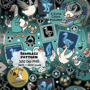 Könnte beinhalten: Ein nahtloses digitales Muster mit Cartoon-Gänsen in einer radiologischen Umgebung. Das Design zeigt Gänse in OP-Kleidung, Bleischürzen und Schutzbrillen, kombiniert mit Röntgenbildern von Gänseskeletten und Strahlensymbolen auf dunklem Grund.