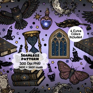 May include: Seamless pattern with a mystical theme, featuring an owl, hourglass, books, candles, and a butterfly. The design includes the text "SEAMLESS PATTERN" and "4 Extra Colors Included". The color palette is purple, black, and gold.