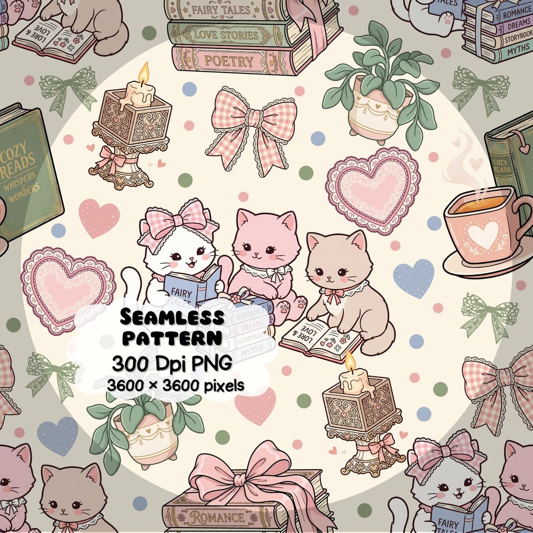 Vintage Cottagecore Coquette Bookish Cat Seamless Pattern PNG 12x12 ...
