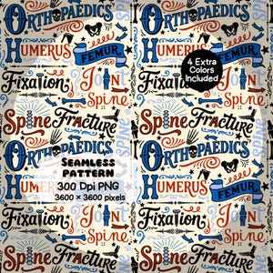 Peut inclure: Un motif répétitif avec une typographie et des illustrations sur le thème médical, incluant des crânes, des os et des articulations. Le texte comprend des mots comme Orthopaedics, Humerus, Fixation, Joint, Spine et Fracture en rouge, bleu et noir sur fond beige.