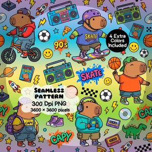Könnte beinhalten: Ein nahtloses Muster mit Cartoon-Wasserschweinen in 90er-Jahre-Outfits beim Skateboarden, Radfahren und Spielen. Das Design enthält Ghettoblaster, Fußbälle, Basketbälle, Raketen, Kassetten sowie den Text 90's, SKATE und CAPY.