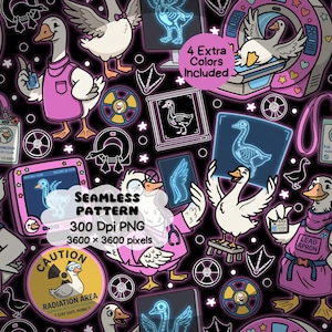 Könnte beinhalten: Ein nahtloses digitales Muster mit Cartoon-Gänsen in medizinischen und Strahlenschutz-Umgebungen. Elemente sind Gänse in rosa Kitteln, Bleischürzen, Röntgenbildern, CT-Scannern und Warnschildern mit dem Text 4 Extra Colors Included und 300 Dpi PNG.