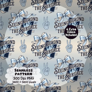 Könnte beinhalten: Ein nahtloses Muster mit wiederkehrenden Illustrationen einer hellblauen Schleife, einer Skeletthand mit Friedenszeichen und einem Röntgenbild mit dem Text Seeing Beyond The Surface. Enthält 4 Extra Colors Included und 300 Dpi PNG.