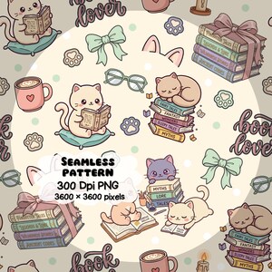 Puede incluir: Patrón sin costuras con gatos de dibujos animados leyendo libros, durmiendo y rodeados de montones de libros, lazos y tazas de café. También se incluye el texto "book lover" y "seamless pattern". El patrón mide 3600 x 3600 píxeles.
