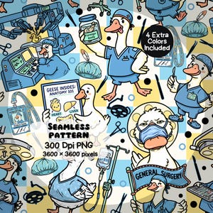 May include: A seamless pattern featuring cartoon geese dressed as surgeons in blue scrubs, surgical caps, and masks. The design includes medical equipment, ID badges, and anatomical charts with text like 'GEESE INSIDES: ANATOMY 101' and 'GENERAL SURGERY'.