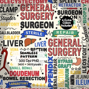 Könnte beinhalten: Ein nahtloses Muster mit medizinischer Terminologie und chirurgischen Illustrationen in Rot, Blau, Grün, Gelb und Schwarz. Der Text umfasst General Surgery, Surgeon, Liver, Spleen, Appendix. Enthält den Text 300 Dpi PNG 3600 x 3600 pixels.