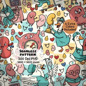 May include: Seamless pattern featuring cartoon kidneys, hearts, and ducks dressed as doctors. The design includes text that reads "Seamless Pattern," "300 Dpi PNG," and "3600 x 3600 pixels." Additional text includes "4 Extra Colors Included."