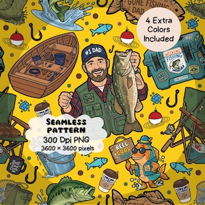 Pode incluir: Padrão sem costura com tema de pesca em fundo amarelo. O design inclui ilustrações de um pescador, peixes, um barco de pesca, uma caixa de pesca, bóias, anzóis e o texto "#1 Dad", "Reel Cool Dad" e "Gone Fishing Dad". Inclui 4 cores extras.