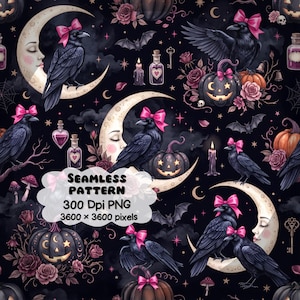 May include: A seamless pattern featuring black crows with pink bows, crescent moons with faces, jack-o'-lanterns, bats, roses, and potion bottles on a dark background. The image includes text: SEAMLESS PATTERN 300 Dpi PNG 3600 x 3600 pixels.
