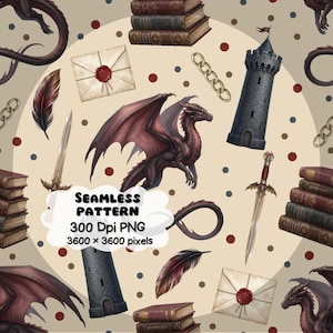 May include: Seamless pattern featuring a red dragon, medieval towers, swords, books, feathers, and wax-sealed envelopes. The design includes gold chains and polka dots on a beige background. The text reads "SEAMLESS PATTERN 300 DPI PNG 3600 x 3600 pixels."