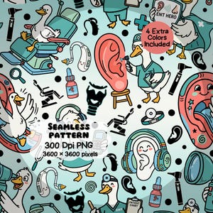 Op de afbeelding: Een naadloos patroon met cartoon-eenden als medische professionals, oren, hoortoestellen en medische apparatuur op een lichtblauwe achtergrond. Tekst: "ENT HERO", "SEAMLESS PATTERN", "300 Dpi PNG", "3600 x 3600 pixels" en "PATIENT CHART".