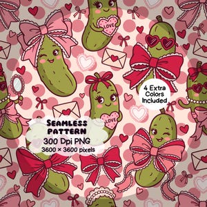 May include: A seamless pattern featuring cartoon green pickles decorated with pink bows, heart-shaped sunglasses, and hearts with the text LOVE. The background has pink polka dots and envelopes. Text includes SEAMLESS PATTERN 300 Dpi PNG 3600 x 3600 pixels.