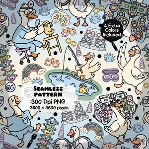 May include: A seamless pattern featuring cartoon geese in an optometry setting with eye charts, phoropters, glasses, rainbows, and text reading 4 Extra Colors Included, Seamless Pattern, 300 Dpi PNG, 3600 x 3600 pixels on a light blue background.