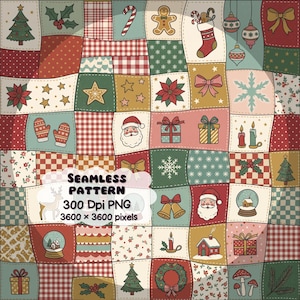Op de afbeelding: Een digitaal naadloos patroon met een patchwork quiltontwerp met diverse kersticonen zoals de Kerstman, peperkoekmannetjes, geschenkdozen, ornamenten, bomen en hulst. Tekst: SEAMLESS PATTERN 300 Dpi PNG 3600 x 3600 pixels.