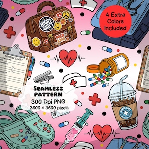 May include: Seamless pattern featuring medical-themed illustrations on a pink background. Includes a brown satchel with patches, pills, a nurse's hat, a syringe, a patient chart, and a coffee cup. The text "4 Extra Colors Included" is also present.