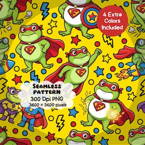 Peut inclure: Motif sans couture avec des grenouilles de super-héros de dessin animé, portant des capes et des masques rouges, sur un fond jaune avec des étoiles et des éclairs. Le texte "4 Extra Colors Included" et "Seamless Pattern 300 Dpi PNG 3600 x 3600 pixels" est inclus.
