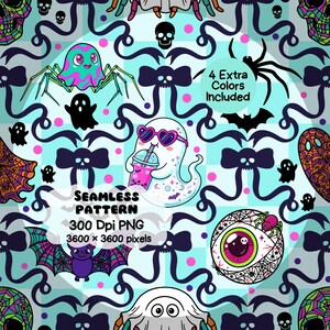 May include: A seamless digital pattern featuring a light blue checkered background with repeating illustrations of ghosts, skulls, bats, spiders, and eyeballs. Text includes 4 Extra Colors Included, Seamless Pattern, 300 Dpi PNG, 3600 x 3600 pixels.
