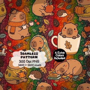 Può includere: Un motivo senza giunture con capibara e ricci disegnati in un ambiente autunnale con zucche, mele, funghi e foglie. Il testo recita: SEAMLESS PATTERN 300 Dpi PNG 3600 x 3600 pixels e 4 Extra Colors Included su uno sfondo glitterato.