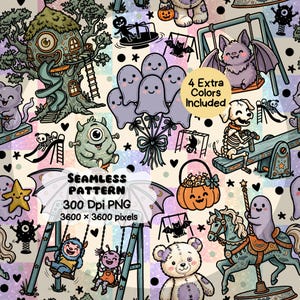 Cute Horror Playground Seamless Pattern | Pastel Goth Spooky Digital Paper | Kawaii Creepy Halloween Fabric Design | Ghost & Monster PNG