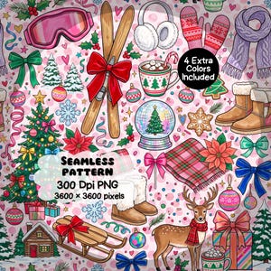 May include: A seamless pattern featuring Christmas elements including pink ski goggles, wooden skis with a red bow, white earmuffs, red mittens, a purple scarf, a mug of cocoa, a snow globe, tan boots, a decorated tree, a plaid blanket, and a deer.