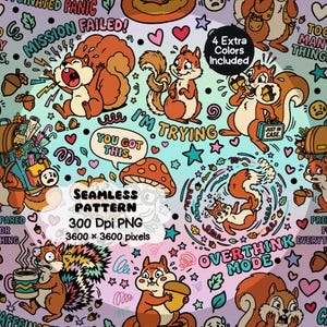 Funny Anxiety Squirrel Seamless Pattern | Overthink Mode Digital Paper | Caffeinated Squirrel PNG | Mental Health Humor Fabric Design | ADHD