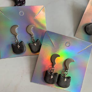 Mystic Black Cat Dangly Stud Earrings with Stainless Steel Jewelry