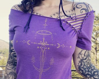 dagger moon hand woven open back shirts pre order in purple and gold
