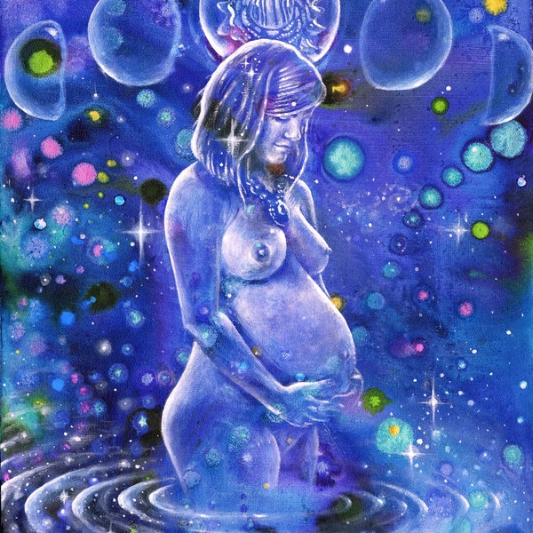 Waiting- canvas print of pregnant goddess painting by Emily Kell