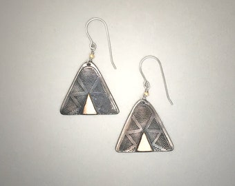 Dangle and Drop Earrings Handcrafted Jewelry Geometric Jewelry Boho Style Triangle Earrings Mixed Metal Jewelry Artisan Made