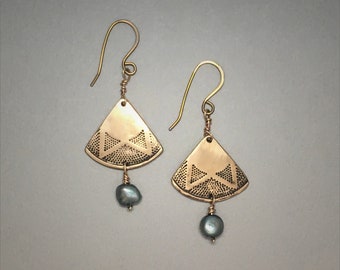 Bronze Earrings Dangle Drop Earrings Blue Pearl Earrings Bronze Jewelry Handcrafted Jewelry Boho Style Artisan Made Metal Clay