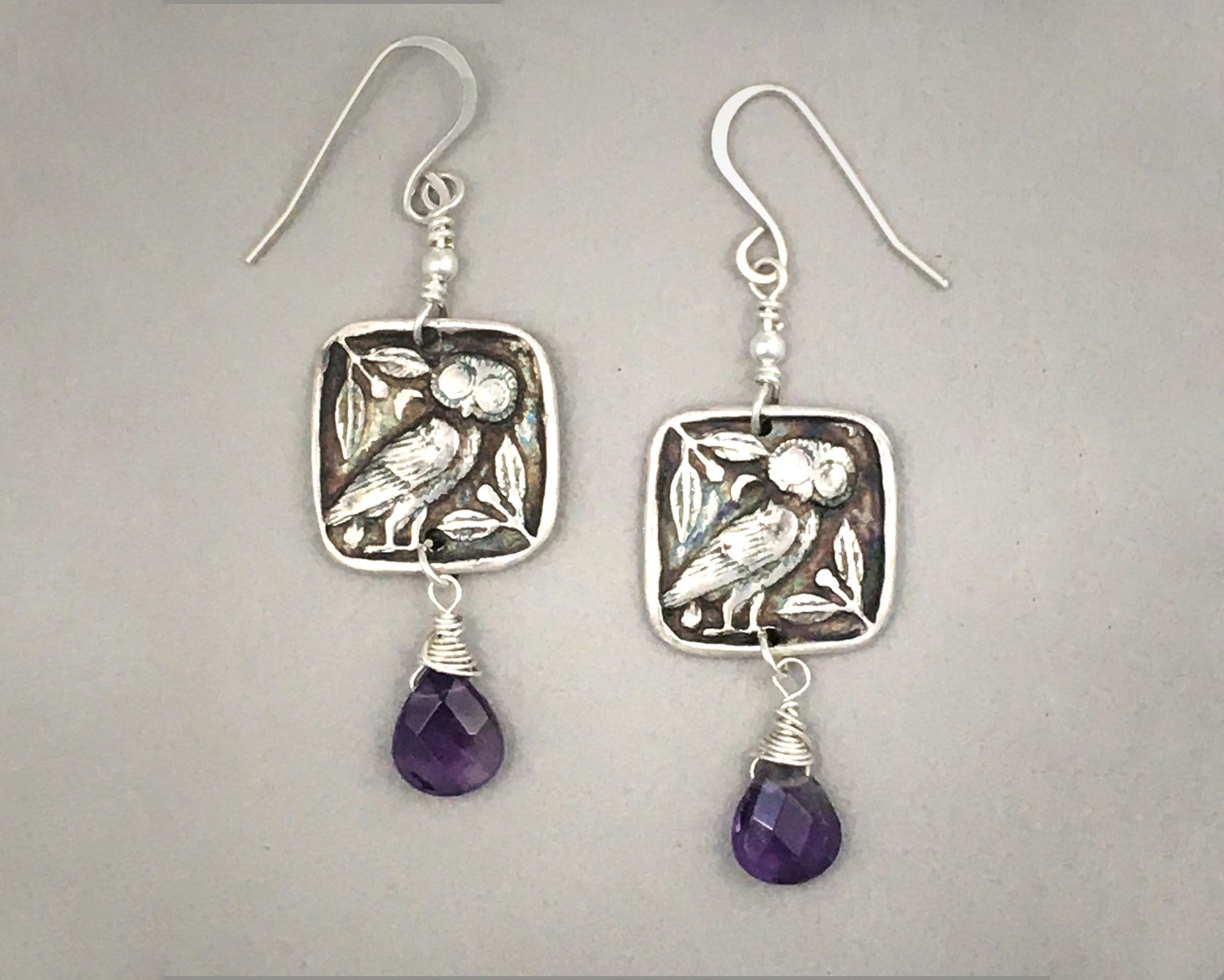 Sterling Silver Owl Earrings: Artisan Amethyst Dangle Jewelry