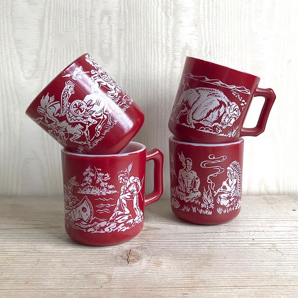 Vintage Hazel Atlas Mugs Native American Indian Peace Pipe Buffalo Western Maroon Milk Glass