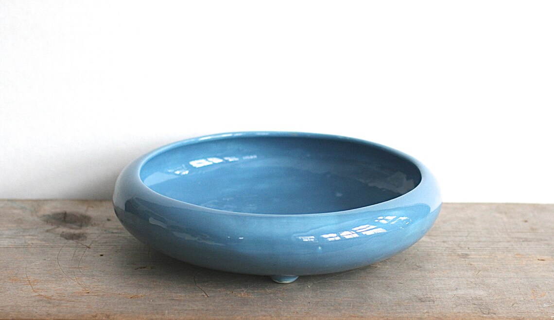 1960s Weller Ceramic Shallow Footed Planter Bowl Blue Glaze Etsy