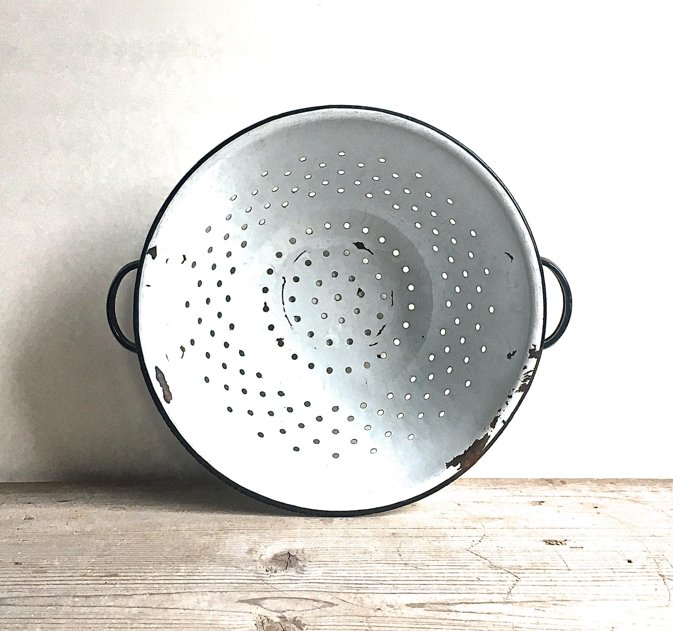 Vintage Enamel Metal Colander Strainer White Black Trim Etsy