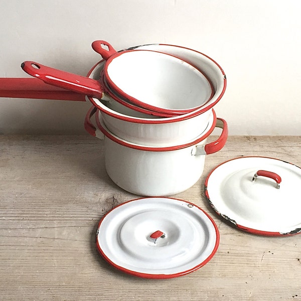 Pans, Graniteware Enamel White Red Vintage Kitchenware Set 6 4 Pots 2 Lids