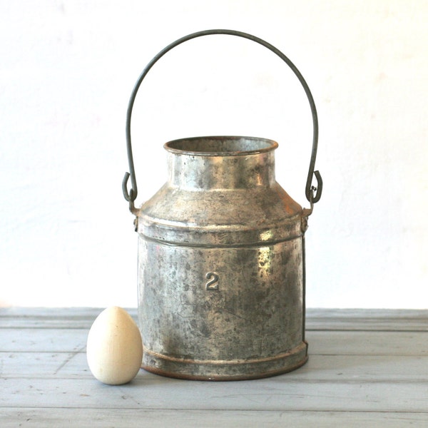 Vintage Rustic Galvanized Handled Metal Milk Pail Number Two