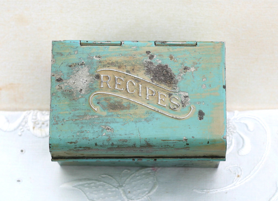 Vintage Metal Recipe Box Aqua blue Distressed Paint Etsy
