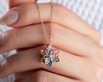 Gemstone Lotus Flower Necklace: 925 Sterling Silver Pendant