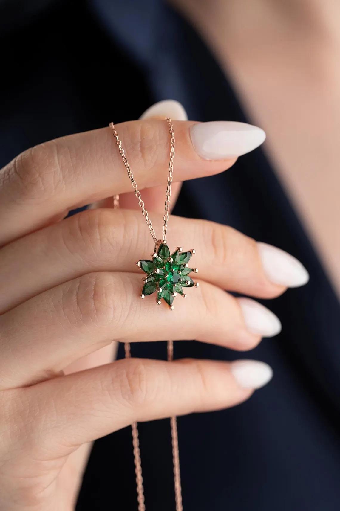 Sterling Silver Green Lotus Flower Necklace: Emerald Gemstone Pendant
