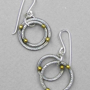 Double hoop silver earrings, dangling, double ring, two ring, hammered, mixed metal, tomlindesign, artisan jewelry, medium hoops, metalsmith