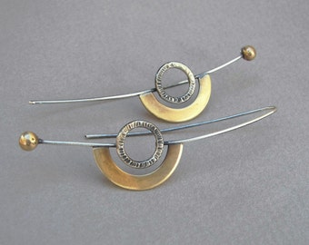 Long eclipse earrings, geometric earrings, statement jewelry, mixed metal earrings, modern earrings, artisan earrings, minimalist earrings