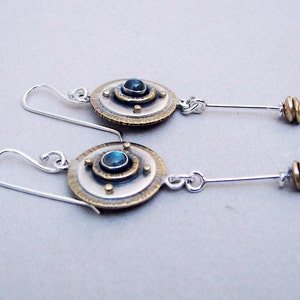 Sterling silver, brass, labradorite earrings, dangling art deco earrings, long gemstone earrings, disc dangling earrings, romantic earrings image 3
