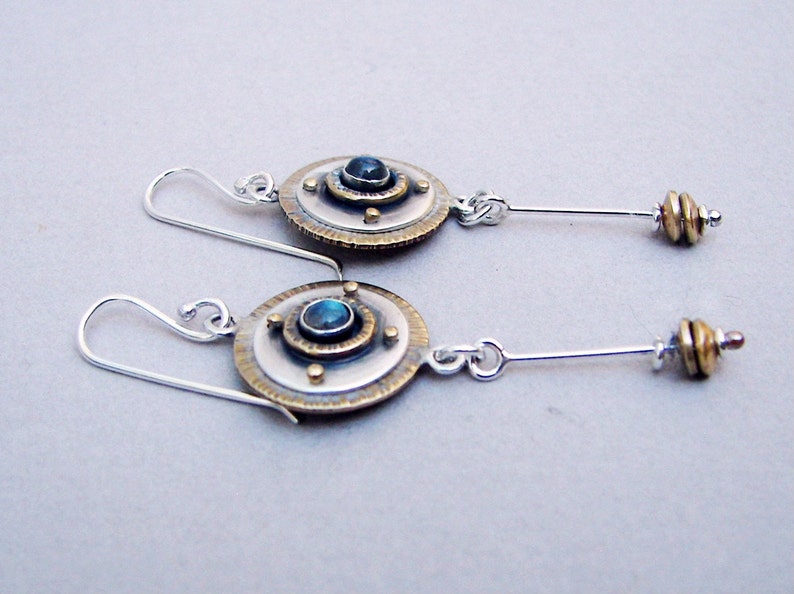 Sterling silver, brass, labradorite earrings, dangling art deco earrings, long gemstone earrings, disc dangling earrings, romantic earrings image 3